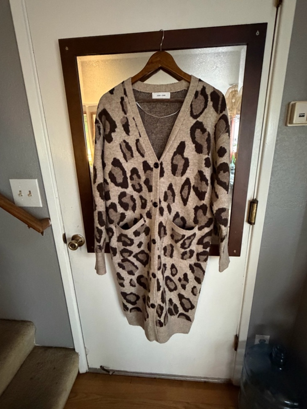 John + Jenn Long Leopard-Print Cardigan in Beige and Brown